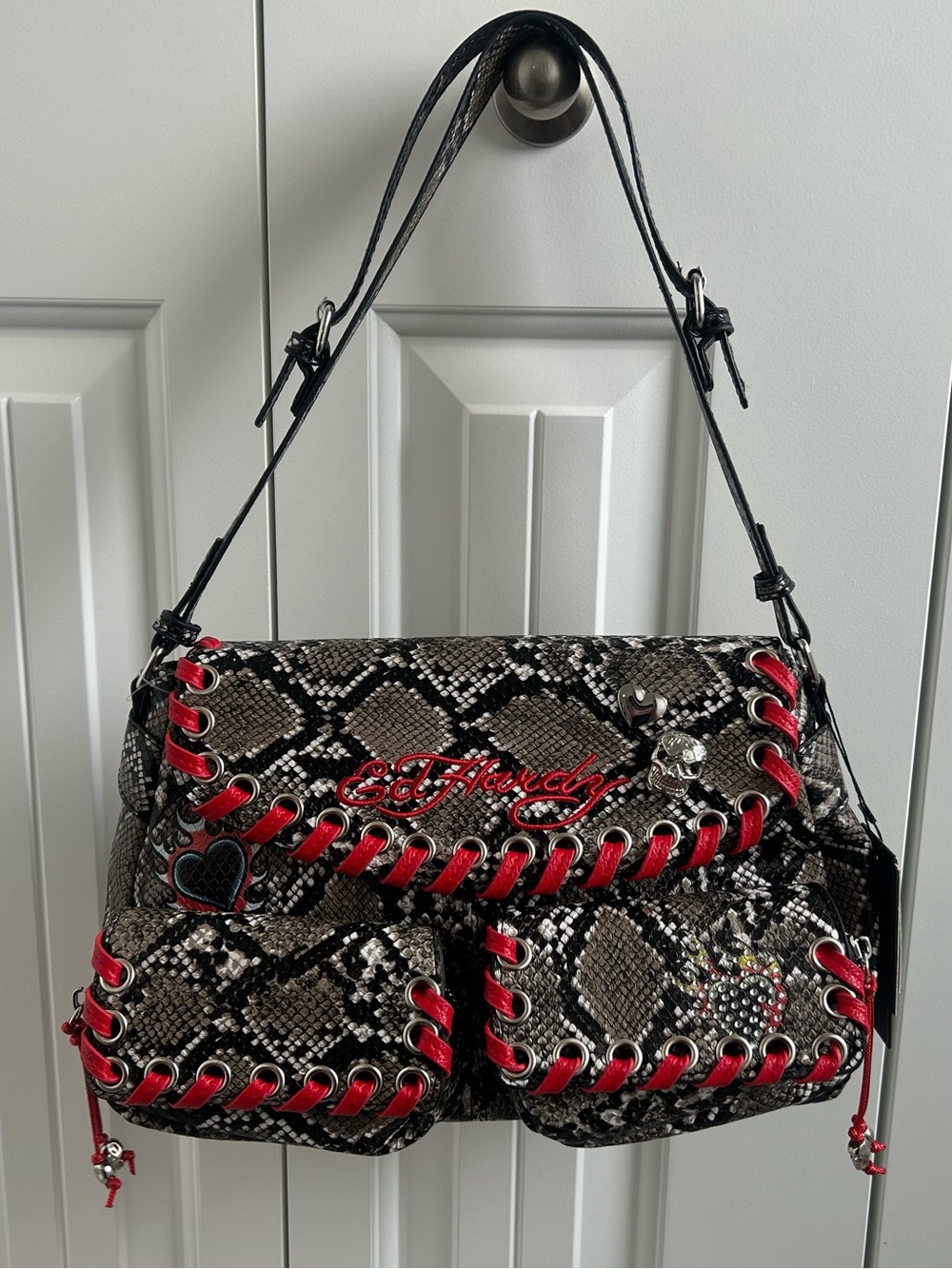 Ed Hardy Black Snakeskin Shoulder Bag with Red Trim